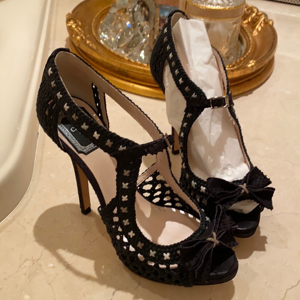 Christian Dior peep toe black leather woven platform heels size 36